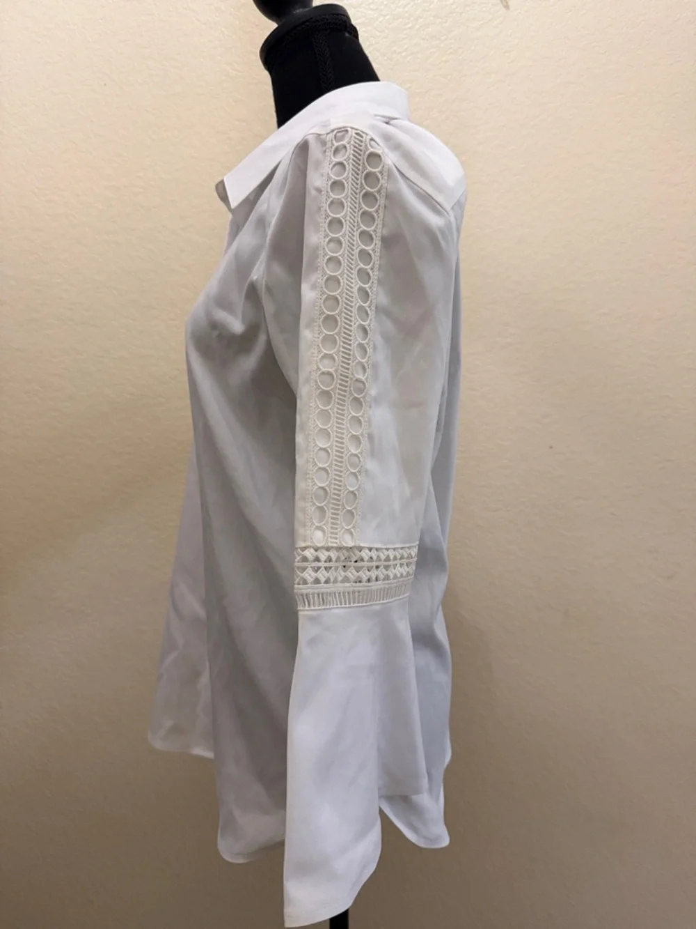 White Button-Front Blouse with Crochet Trim Sleeves - Picture 2 of 3